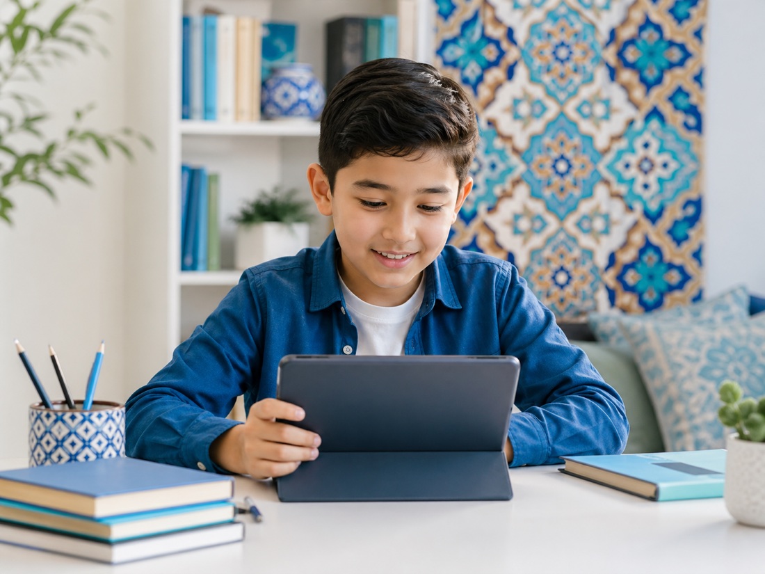 Ребенок изучает цифровые навыки на планшете