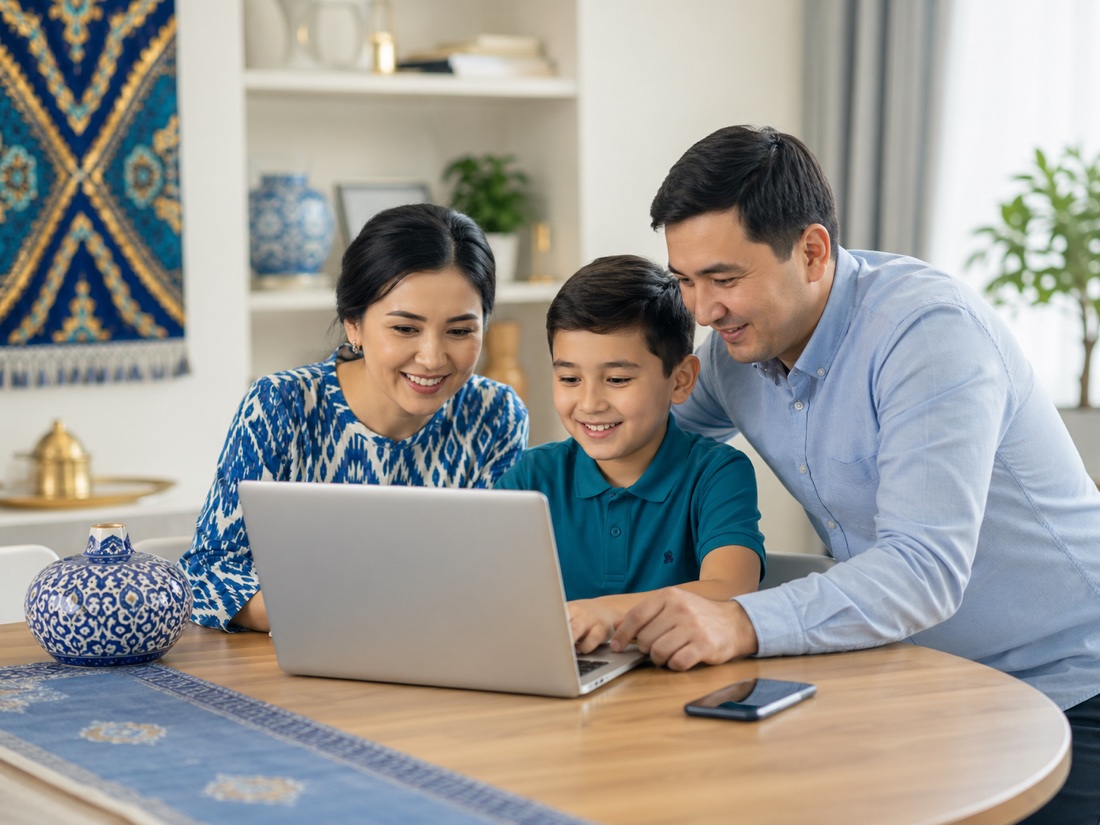Семья изучает цифровые сервисы за ноутбуком