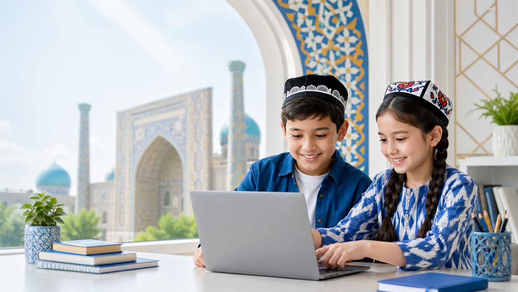 Дети изучают цифровые сервисы за ноутбуком